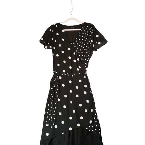 Worthington Faux Wrap Midi Dress Womens XL Black White Polka Dot V Neck High Low - Picture 8 of 16